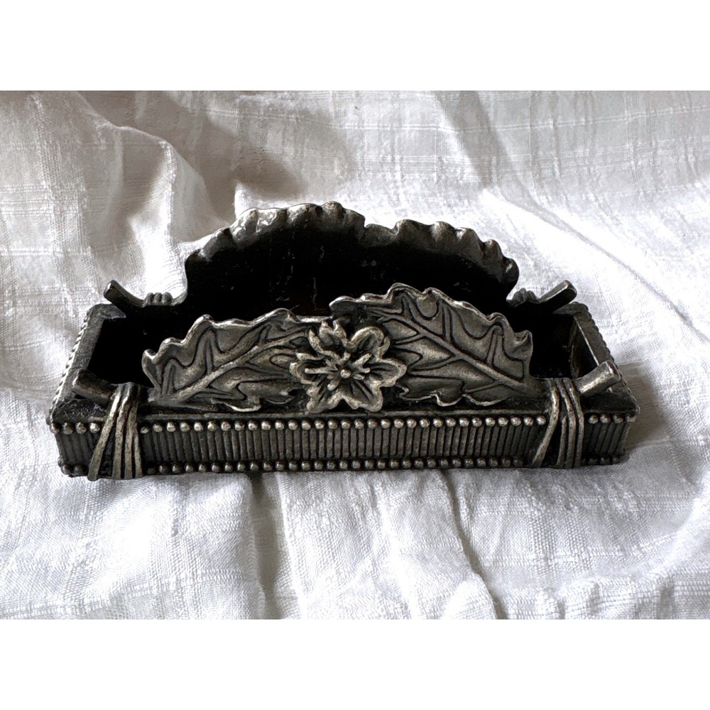 Vintage Pewter Style Floral Leaf Business Card Holder Ornate Metal Desk Decor